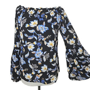 WHBM Black & Blue Floral Long Bell Sleeve Off Shoulder Blouse Top Small S